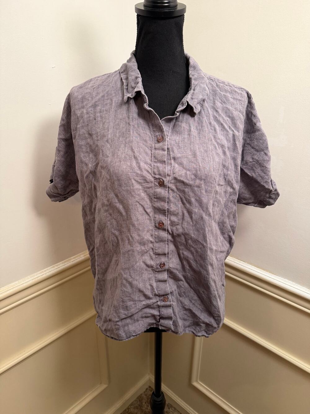 Eileen Fisher Washed Organic Linen Short Sleeve Button Up Top Grey Purple